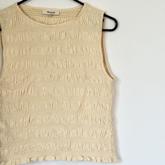 NWT Madewell Light Yellow Smocked Cotton Linen Blend Boatneck Tank - Size: Small - Picture 5 of 8
